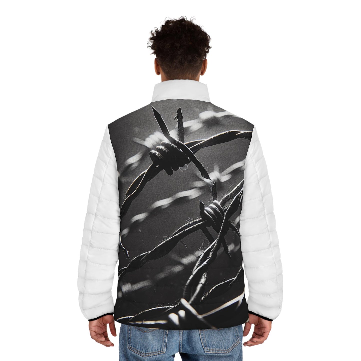 Puffer Jacket, Barb Wire Design, Western Look, Men's Jacket, Printed Body Parts, Stylish Winter Coat, Unique Outerwear, Trendy Coat for Him,