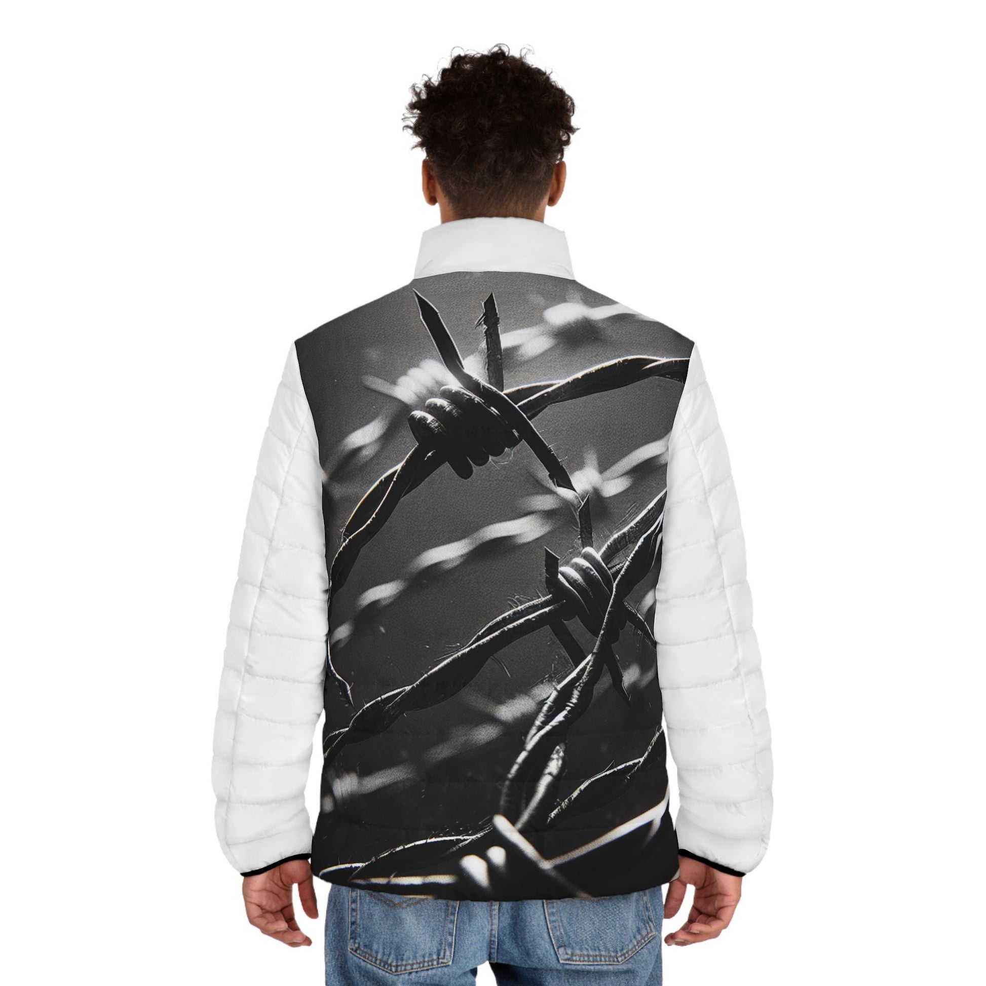 Puffer Jacket, Barb Wire Design, Western Look, Men's Jacket, Printed Body Parts, Stylish Winter Coat, Unique Outerwear, Trendy Coat for Him,