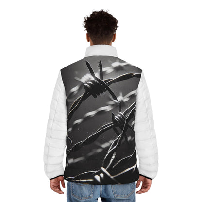 Puffer Jacket, Barb Wire Design, Western Look, Men's Jacket, Printed Body Parts, Stylish Winter Coat, Unique Outerwear, Trendy Coat for Him,