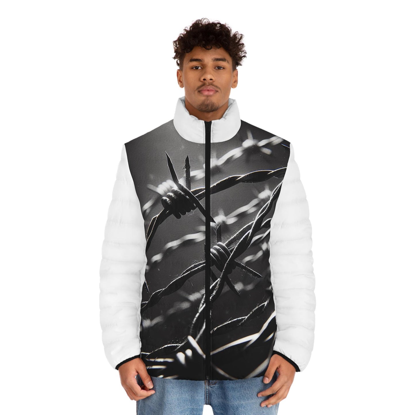 Puffer Jacket, Barb Wire Design, Western Look, Men's Jacket, Printed Body Parts, Stylish Winter Coat, Unique Outerwear, Trendy Coat for Him,