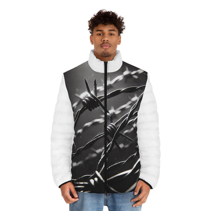 Puffer Jacket, Barb Wire Design, Western Look, Men's Jacket, Printed Body Parts, Stylish Winter Coat, Unique Outerwear, Trendy Coat for Him,