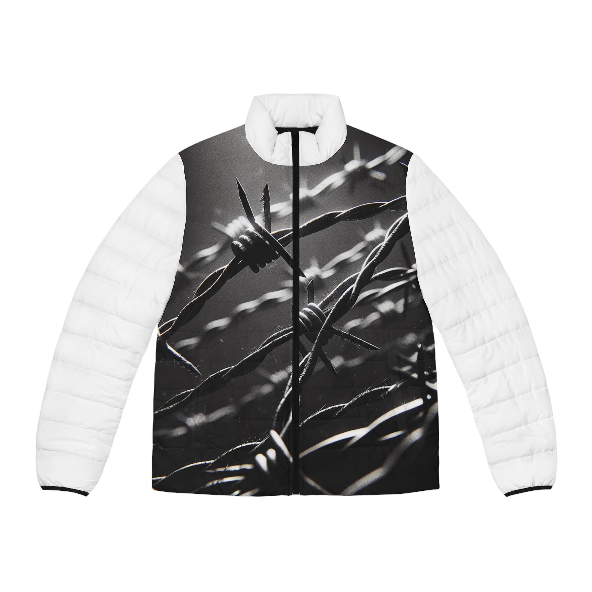 Puffer Jacket, Barb Wire Design, Western Look, Men's Jacket, Printed Body Parts, Stylish Winter Coat, Unique Outerwear, Trendy Coat for Him,