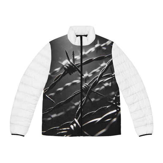 Puffer Jacket, Barb Wire Design, Western Look, Men's Jacket, Printed Body Parts, Stylish Winter Coat, Unique Outerwear, Trendy Coat for Him,